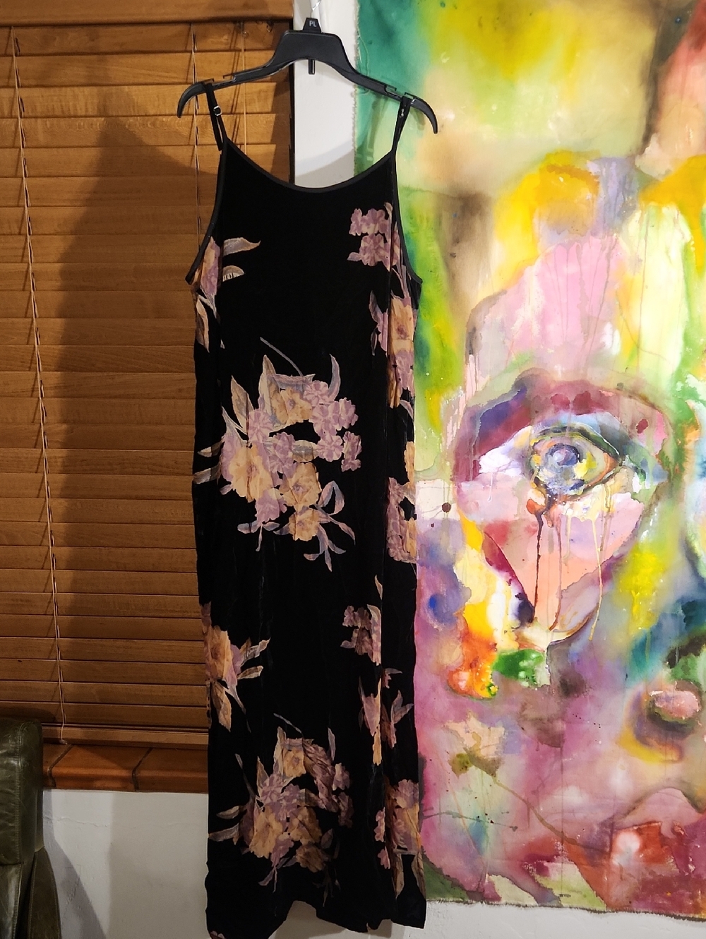 Band of Gypsies Black Velvet Slip, Left Slit Dress with Pale Pink Floral Tag